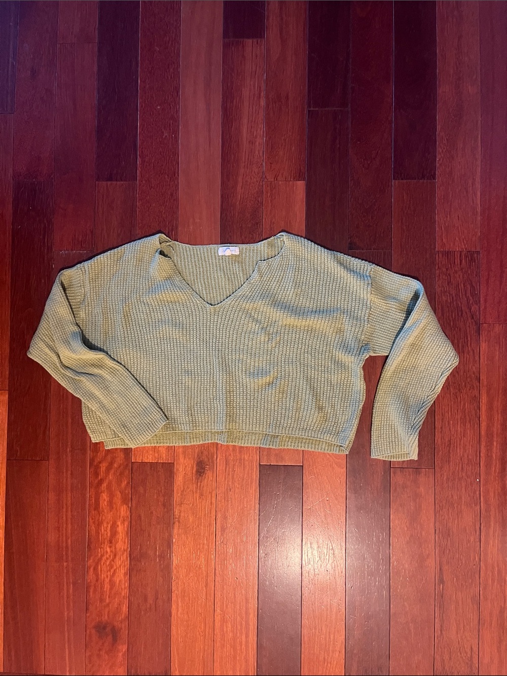 La Hearts Olive Green V-Neck Cropped Knit Sweater